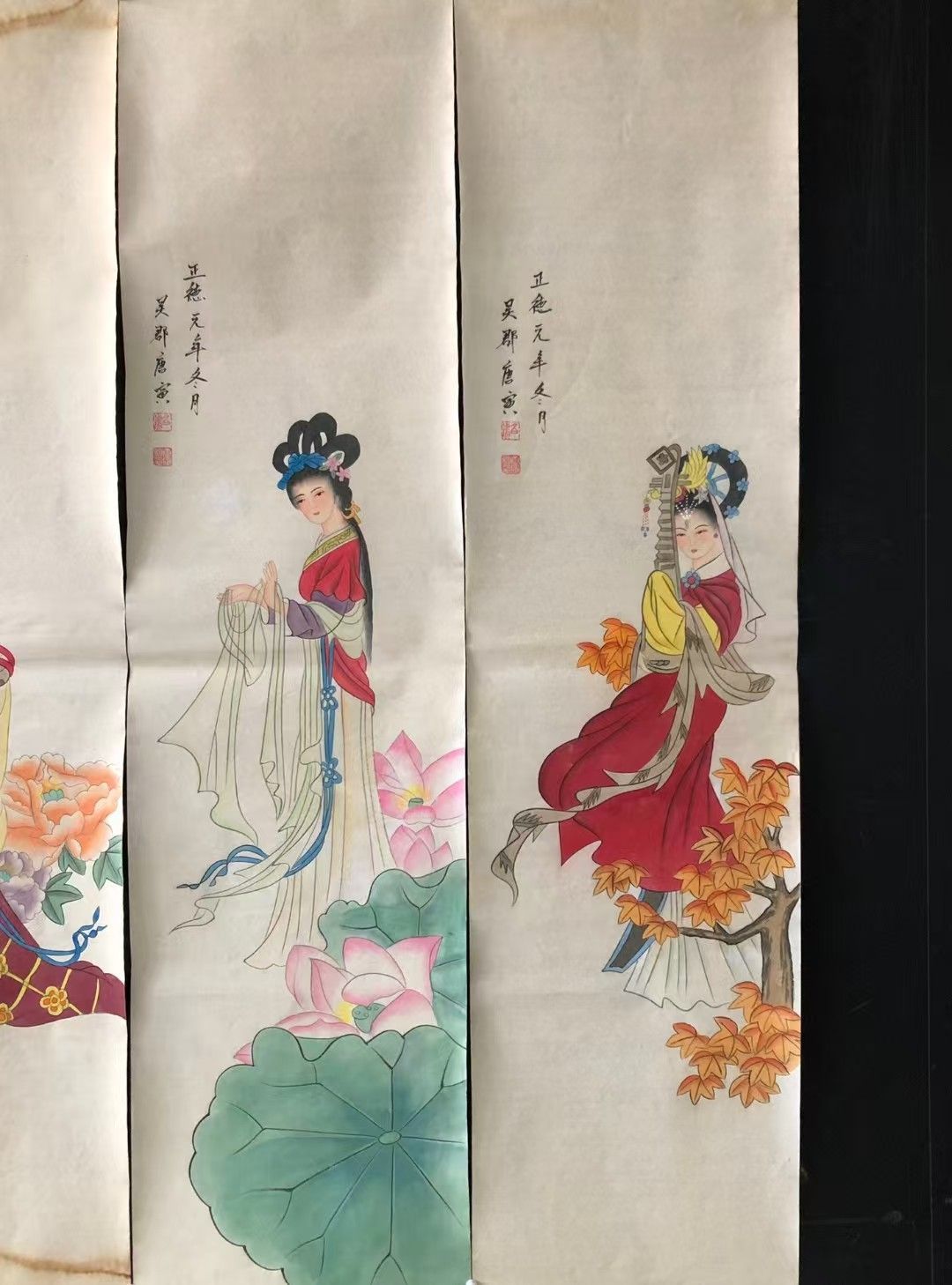 中国古美術.唐寅.仕女図.純手描き作品.4本のスクリーン.中国著名人の