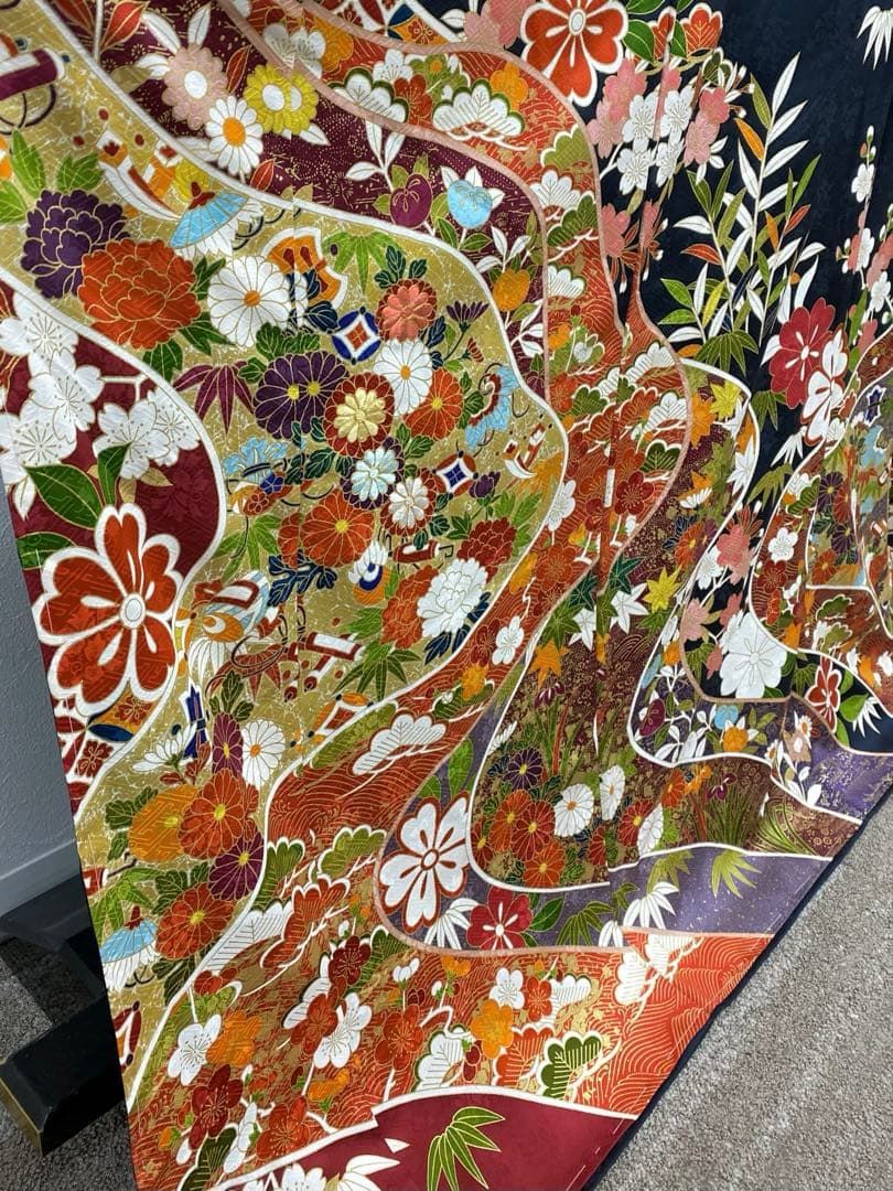 振袖 仮絵羽 青柳 刺繍 金駒 金彩 紋意匠 正絹 未仕立て品 八掛付