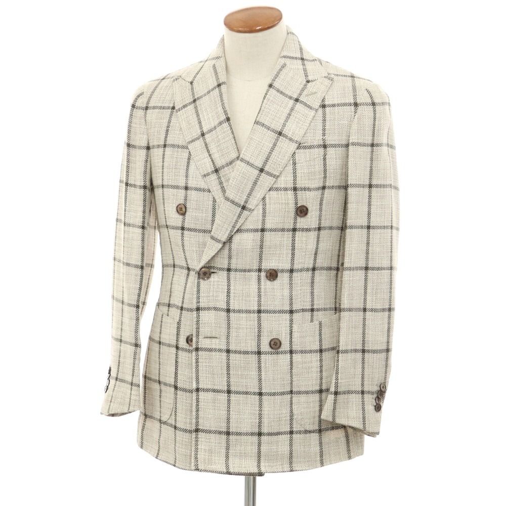 【中古】スティレ ラティーノ STILE LATINO シルクリネンコットン チェック テーラードジャケット ホワイトブラウンxダークグリーン【サイズ46】【メンズ】