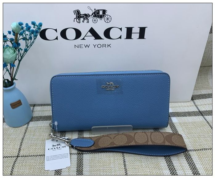 コーチ 長財布 COACH 財布 大人気 ブルー系 ストラップ付き レディース