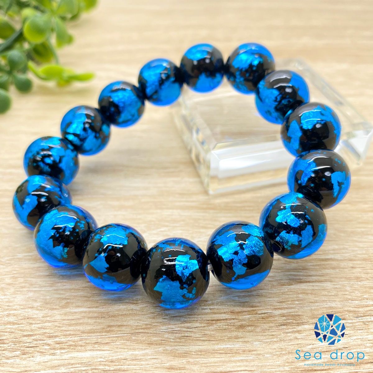 Sea drop 光る ホタルガラス 14mm ビーズ ブレスレット ブルー