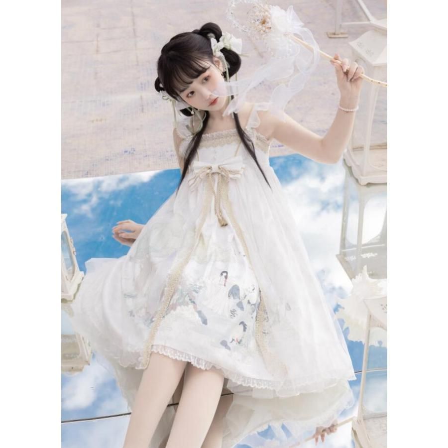 ジャンパースカート 中華 ロリータ ワンピース ハイウエスト 膝丈 ミモレ丈 ロリータ ドレス チャイナ風 lolita 可愛い お姫様 ドレス ゴスロリ ロリータ服 白系