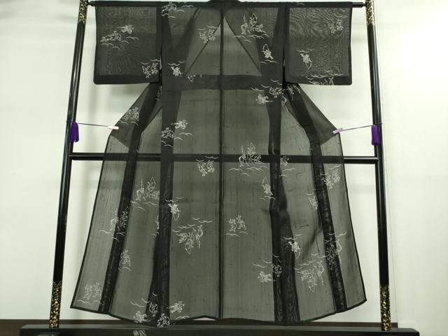 平和屋着物 上 夏物 絹芭蕉 紗紬 鳥獣戯画 黒地 DZAA9164kh5
