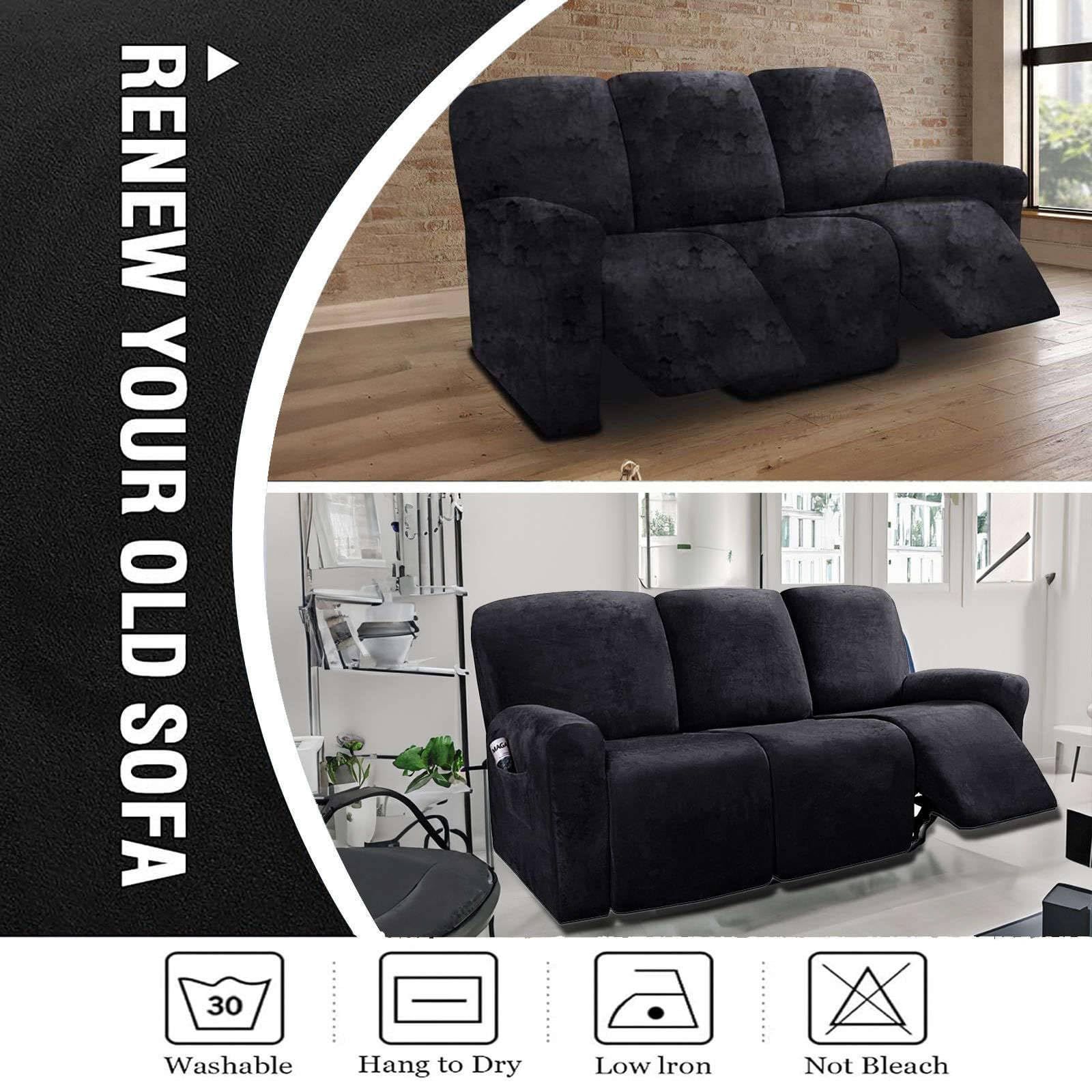 ソファーカバー 滑り止め リクライニングチェア 電動 ソファーカバー サイドポケッ 付 に適用する 8-分割タイプ 3人掛け 子 リクライニングソファーカバー ベルベット ペット-黒-3人掛け ストレッチ NEXPOTALLINN_EU