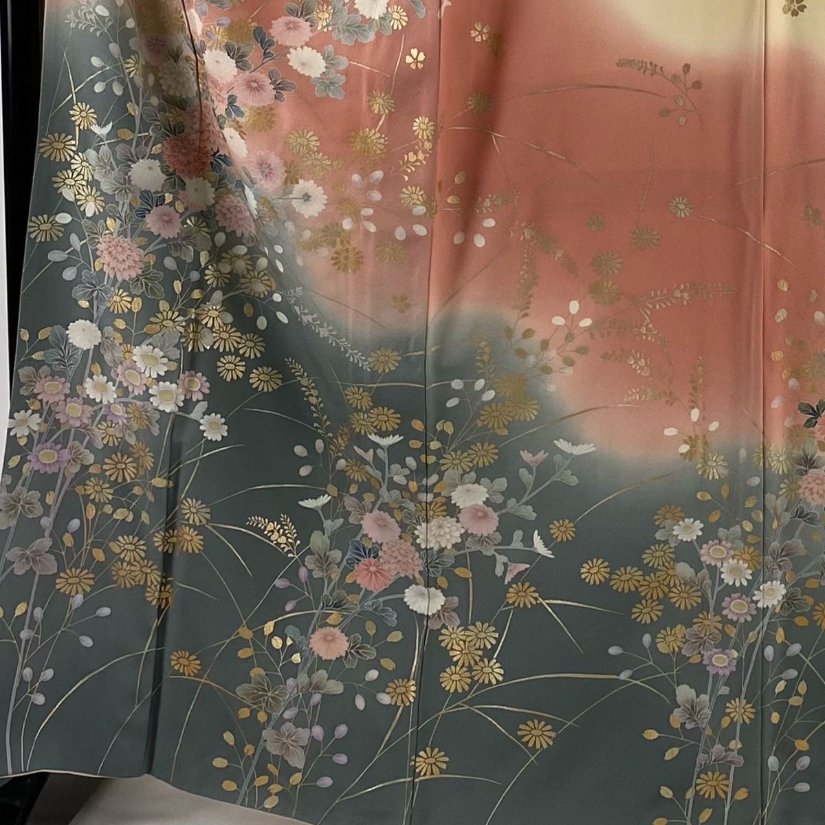 訪問着 身丈166cm 裄丈66cm M 袷 落款 菊 萩 金彩 染め分け 薄オレンジ