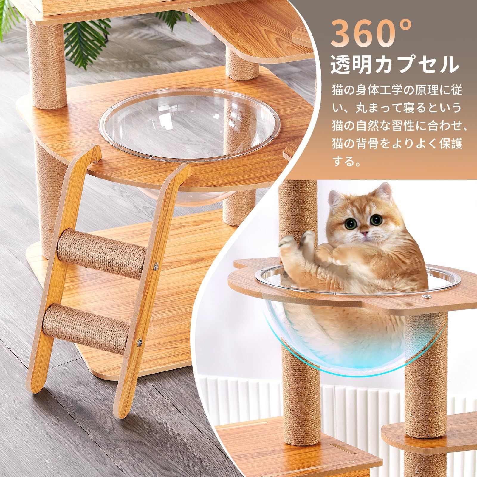 特売】キャットタワー 木製 宇宙船透明ボウル付き 高さ約143cm シニア猫・子猫・多頭飼い向け 猫ハウス＆キャットウォーク 爪とぎポール付き  多ステップ 階段付き 据え置き式 透明ボウル 階段付き 登りやすい 天然麻紐 爪とぎ 柵付き展望台 日本語説明書付 - メルカリ