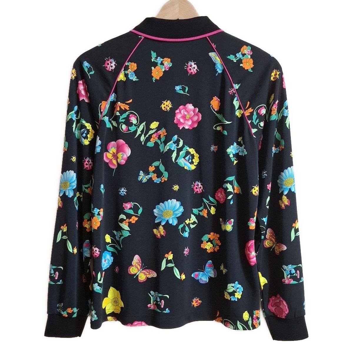 LEONARD SPORT レオナールスポーツ 長袖ポロシャツ サイズ42 L レディース - 黒×ピンク×マルチ 花柄