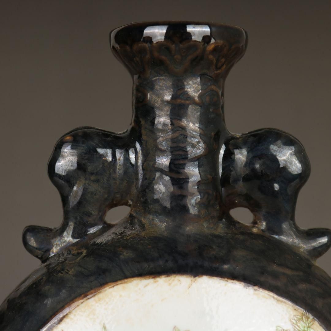 烏金釉象耳扁瓶 陶磁器 現代工芸品 美術品 装飾品 置物 烏金釉象耳扁瓶 陶磁器 現代工芸品 美術品 装飾品 置物 - メルカリ