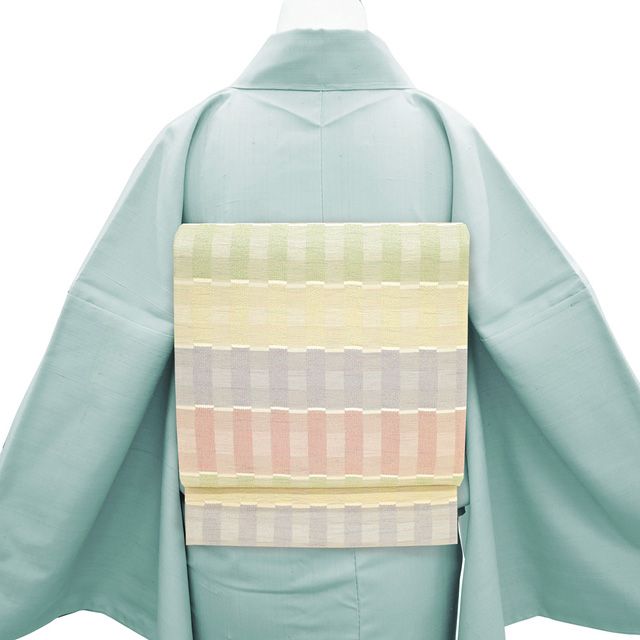 正絹西陣織吉村織物桃皮染めすくい織り格子文様高級袋帯 正絹西陣織