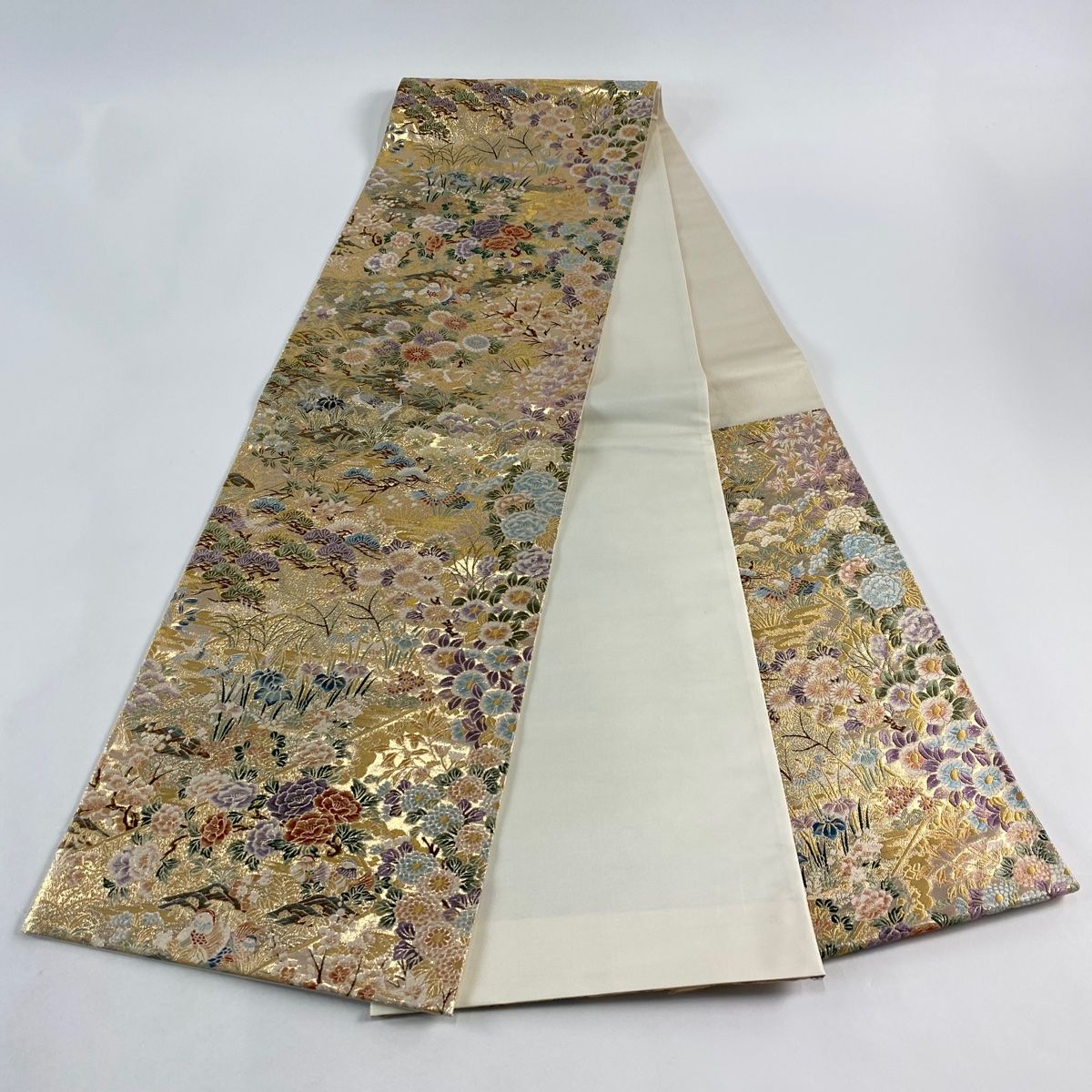 美品】 袋帯 秀品 招宴花鳥文様 松竹梅 金糸 箔 金色 六通 正絹 【中古