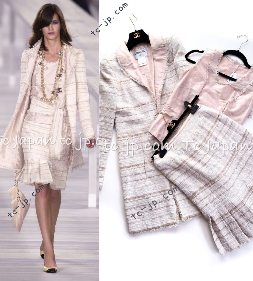 シャネル コート セット CHANEL 生成り ベージュ ピンク スカート トップス 3点 セット カール ラガーフェルド作品 36 38