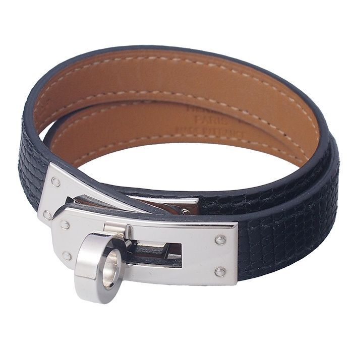 エルメス HERMES ケリー ドゥブルトゥール ブレスレット C刻印 T2 ブラック シルバー金具 リザード