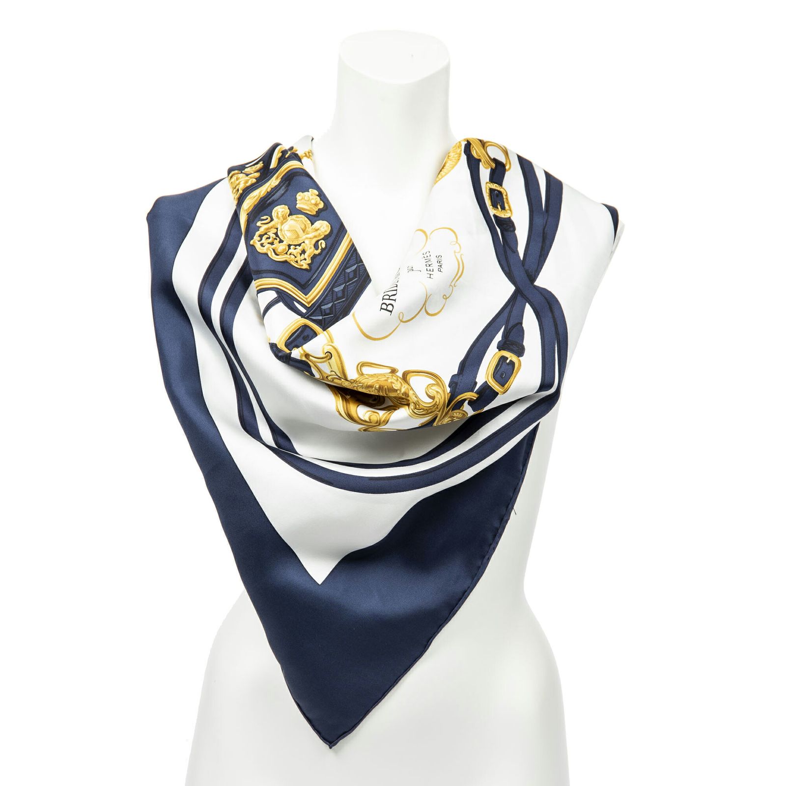 中古] HERMES エルメススカーフネイビー/ホワイト/ゴールド100