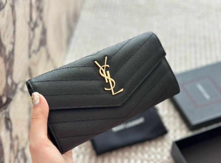 新品 Saint laurent paris YSL レデイース (ブラック) 2つ折り長財布 金具／ゴールド