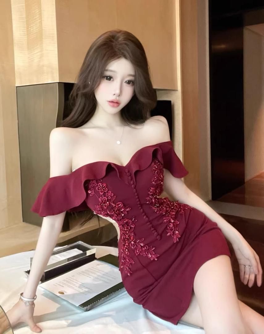 谷間魅せ オフショル キャバドレス サイドカット メッシュ ミニ丈 胸元オープンカットリブストライプミニドレス/キャバドレス【XS