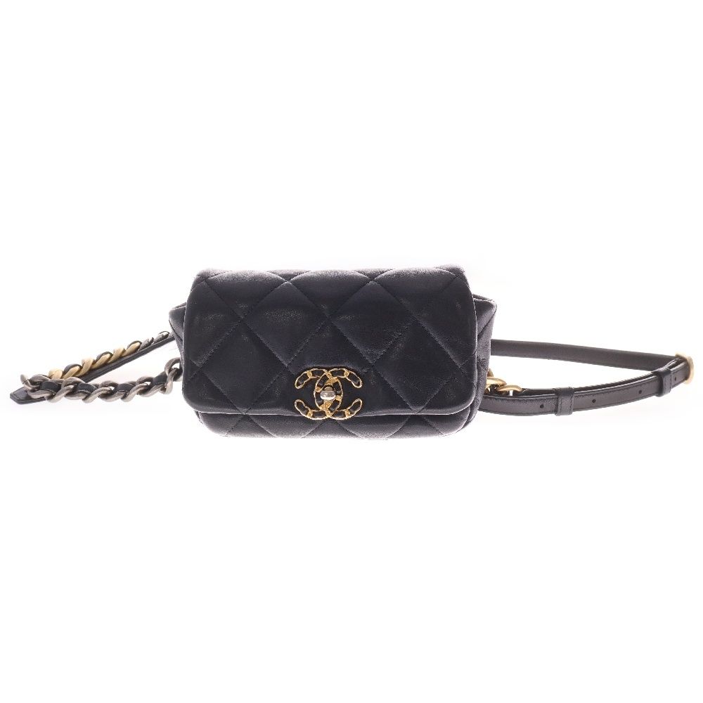 CHANEL シャネル シャネル 19 ウエストポーチ ボディバッグ ラムスキン ゴールド×シルバー金具 ブラック