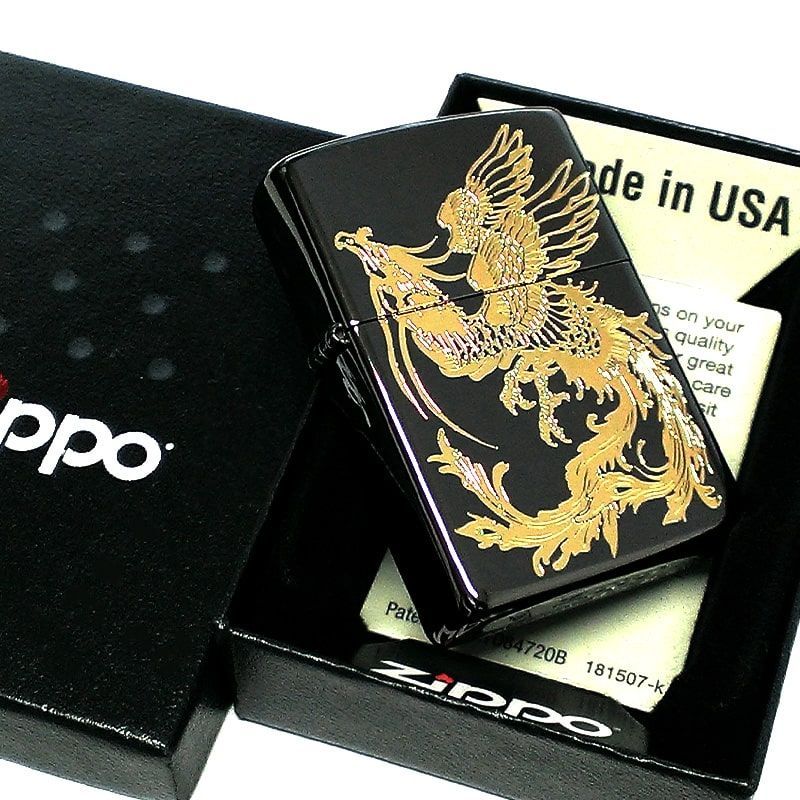 ZIPPO 和柄 鳳凰 ジッポ ライター 黒金 彫刻 ブラックニッケル 金差し