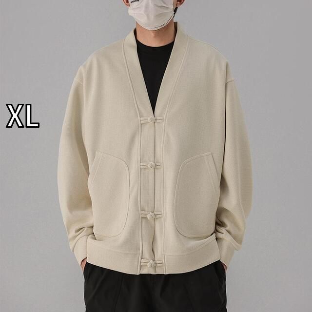 XL 秋冬 コーデ メンズ 服 シンプル ファッション オシャレ 大人 かっこいい 大きいサイズ ストリート 紳士服 ワッフル カーディガン ジャケット レトロ バックル Vネック ジャケット トップス