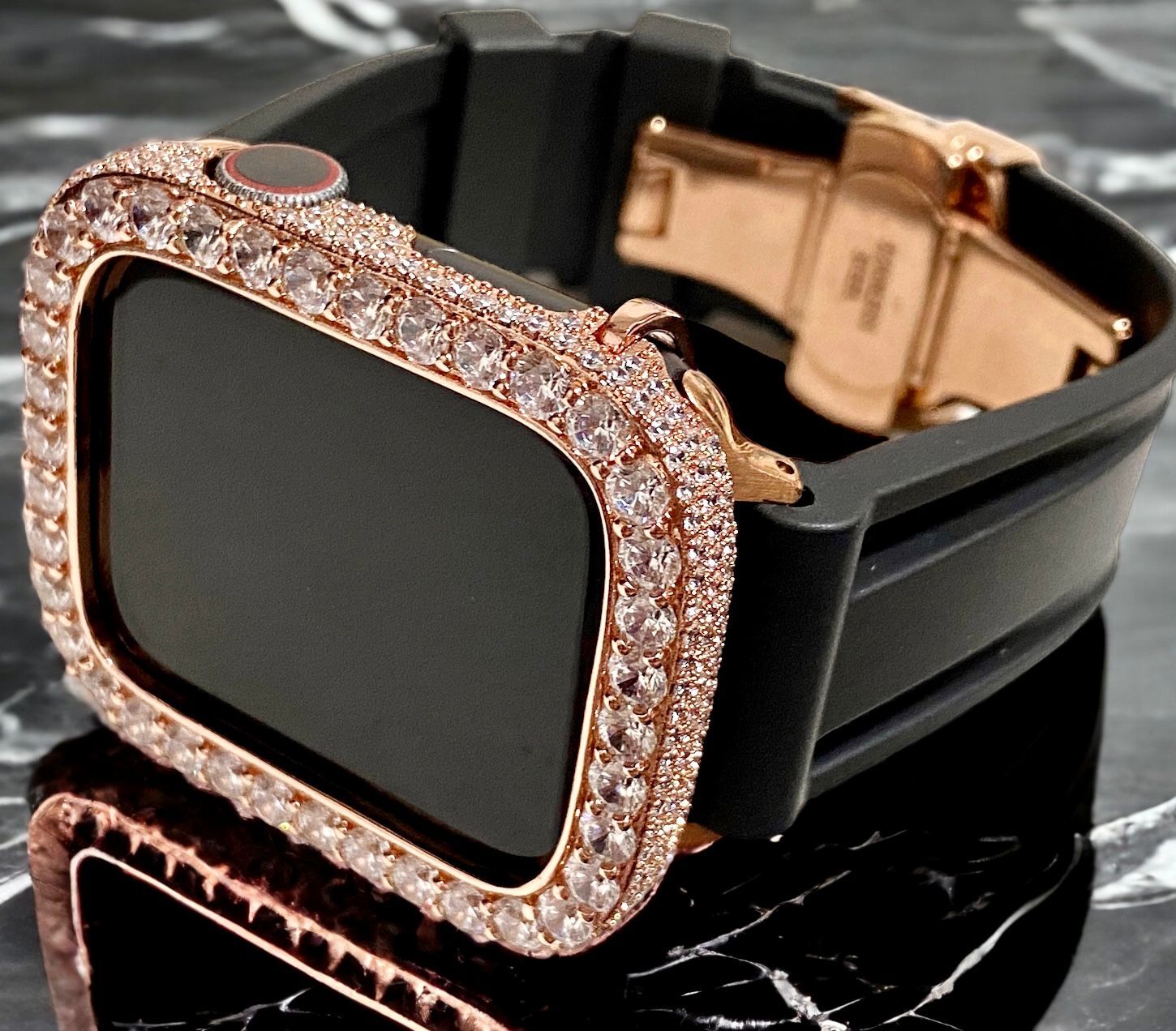 超高級大粒ローズゴールド×ブラック☆AppleWatchキラキラケース カバー