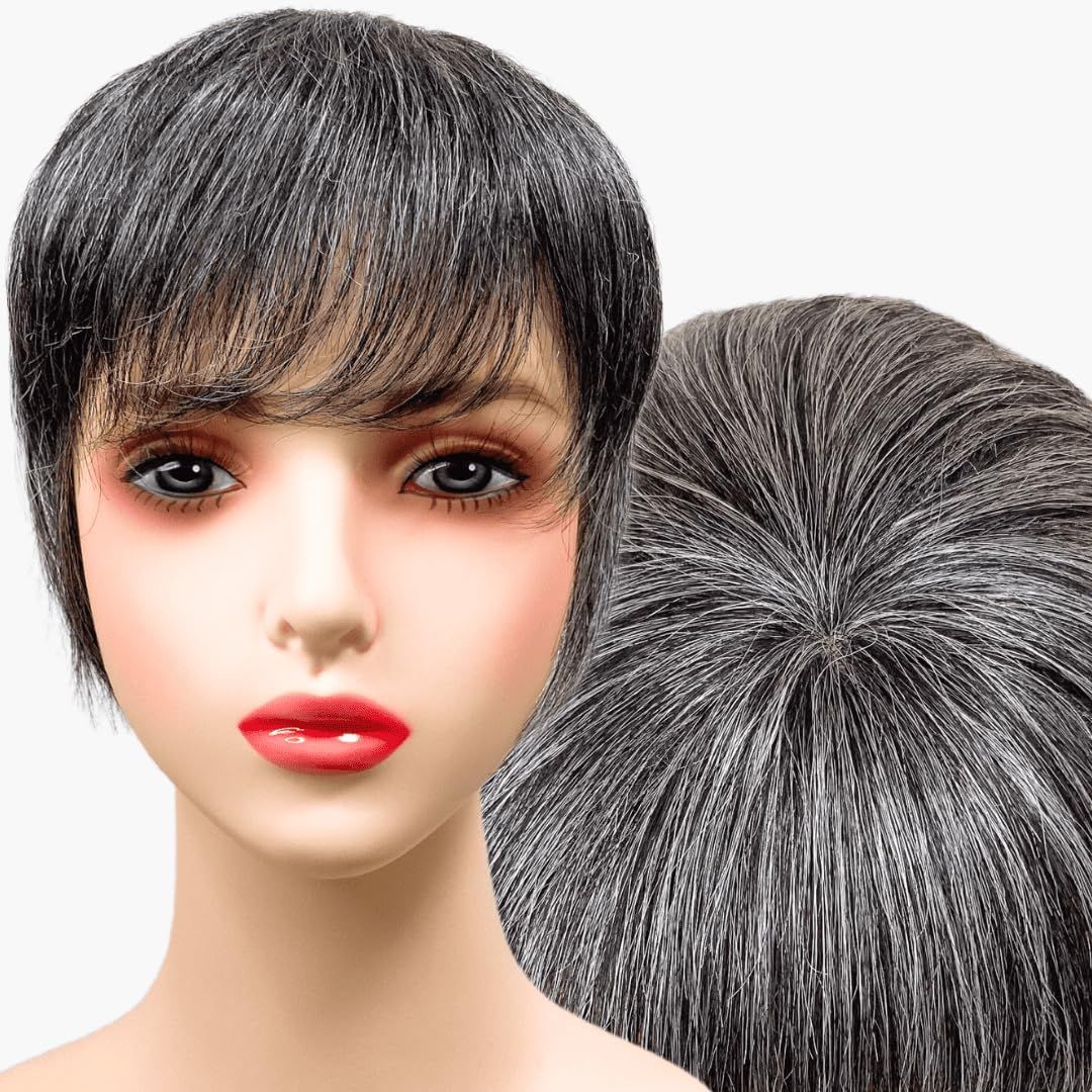 Luce brillare 部分ウィッグ かつら ヘアピース ポイントウィッグ 白髪 グレイヘアー グレイ 女性 レディース 人毛mix ショート 前髪 ストレート 前髪ウィッグ O型つむじ 医療用 つむじ 頭頂 白5黒5人毛mix グレイヘアーアップ