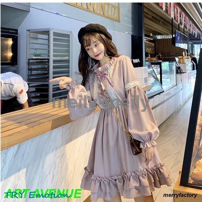 秋新作 レディース 少女 レース ワンピース 長袖 フリル襟 蝶結び付き