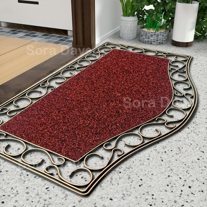 屋外ドアマット 玄関マット ラバー 洋風 ふち取り エレガント おしゃれ インテリア 北欧 泥落とし 汚れ取り 吸水性 水切り 滑り止め 洗える 手洗い可 室内 エントランス ワインレッド ゴールド装飾 ゴム PVC 45×75cm