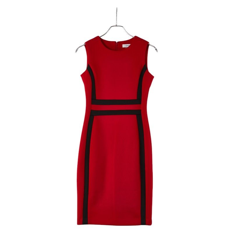 カルバンクライン バイカラー ノースリーブワンピース サイズ 2 レッド ブラック ポリエステル スパンデックス レディース Calvin Klein 1-0231106
