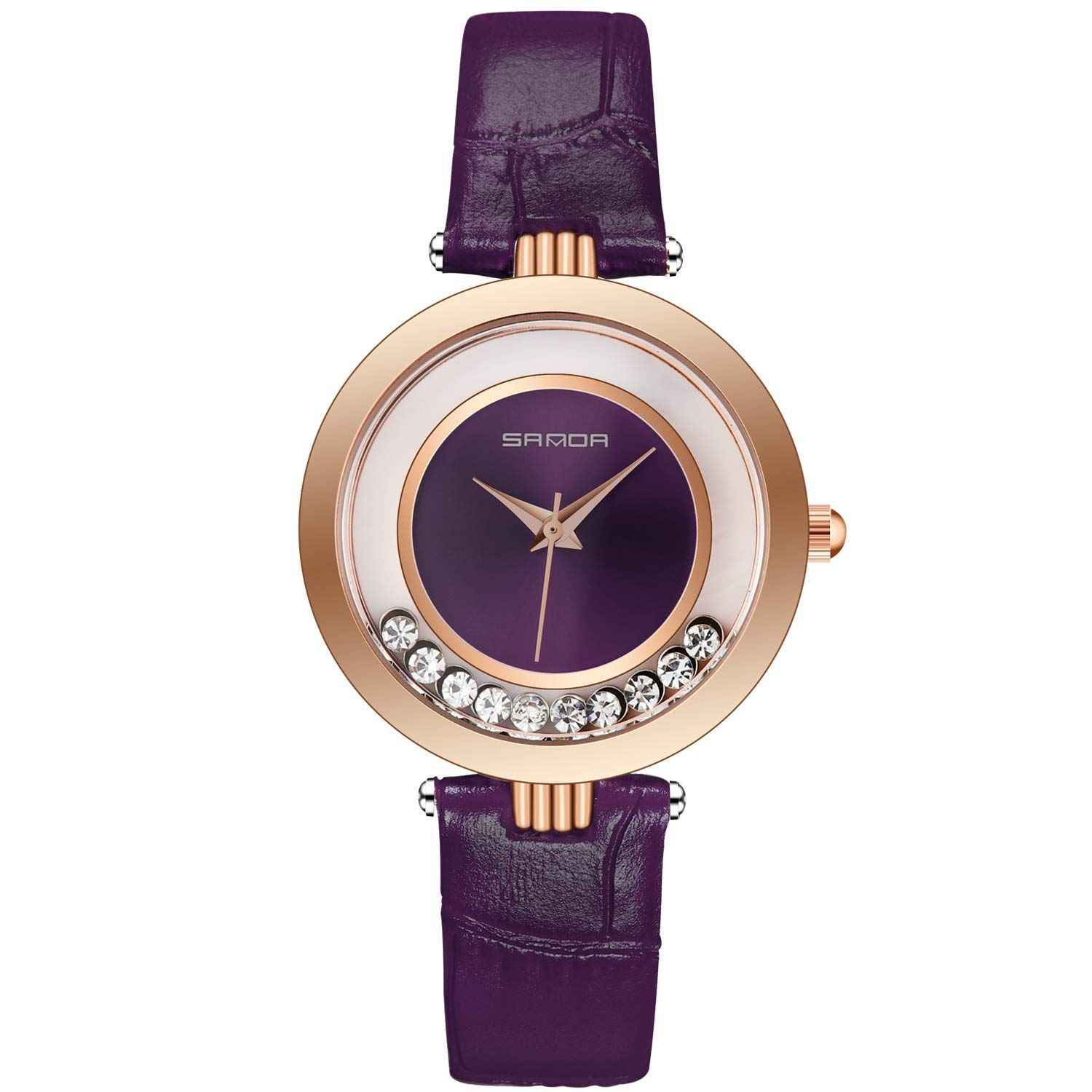 パープル ウォッチ ベルトタイプ アナログ表示 クォーツ レディース 時計 丸い ファッション 防水 本革 クリスタル キラキラ 女の子 腕時計 RORIOS