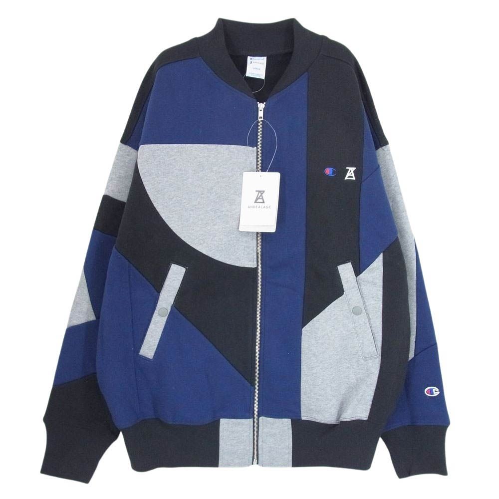 ANREALAGE アンリアレイジ C8-W050 × Champion チャンピオン ZIP SWEATSHIRT フルジップ スウェットシャツ ロゴ刺繍 パッチワーク 再構築 ブルゾン ジャケット ブラック系 L【新古品】【未使用】【中古