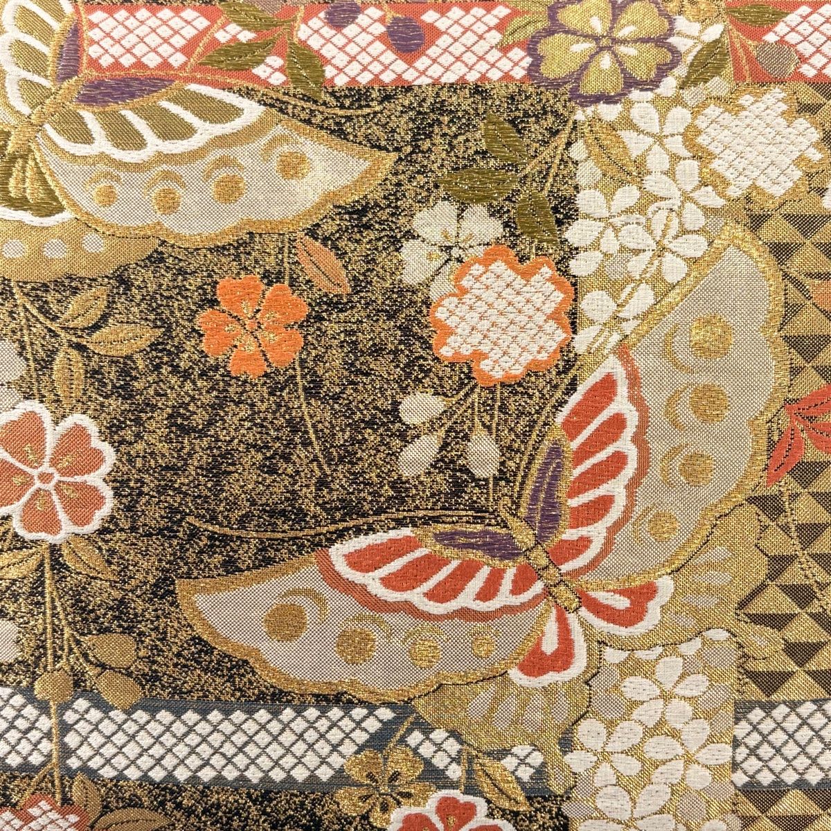袋帯 秀品 振袖向き 蝶 枝垂れ桜 金糸 箔 金色 六通 正絹