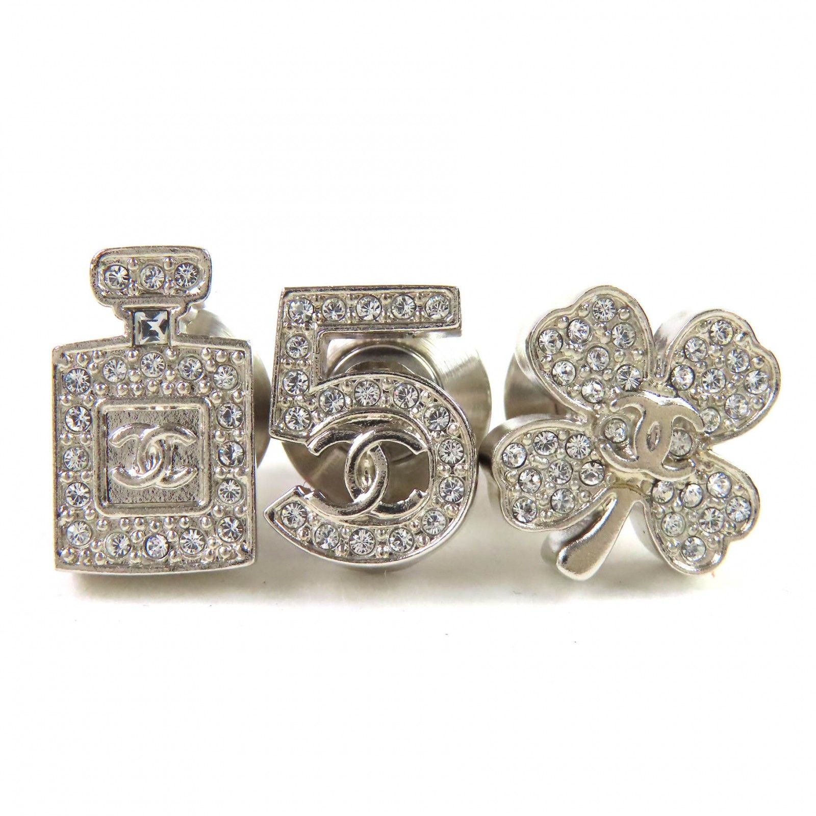 △CHANEL シャネル A22P ココマークアイコン ラインストーン No.5 クローバー ボトル ピンバッチ ブローチ 3個セット シルバー き フランス製 レディース