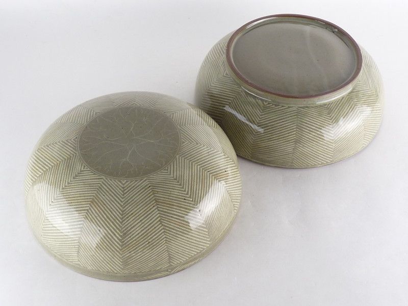 清宮】五島哲「蕨釉古文 食籠」共箱 幅 約24cm 高さ 約8cm 青磁