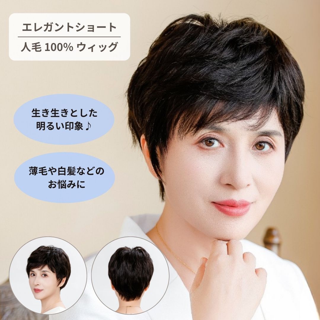 かつら 女性 ショート 自然 レディース フルウィッグ 薄毛 抜け毛 脱毛 白髪隠し 医療用 人毛100％ 黒髪 TMP-001 TefuRe
