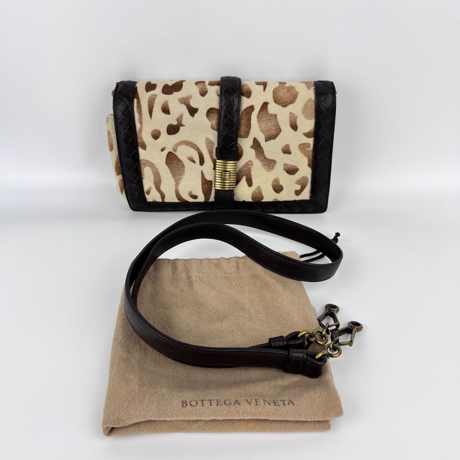 【中古】Bottega Veneta ボッテガヴェネタ イントレチャート ハラコ ショルダーバッグ 斜め掛け ブラウン アイボリー レザー ヴィンテージ レディース【中古美品】HIBUOCHI VINTAGE