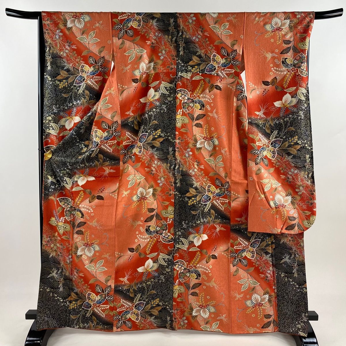 振袖 身丈166cm 裄丈66.5cm M 袷 草花 鳳凰 金銀彩 染め分け 朱色 正絹 秀品