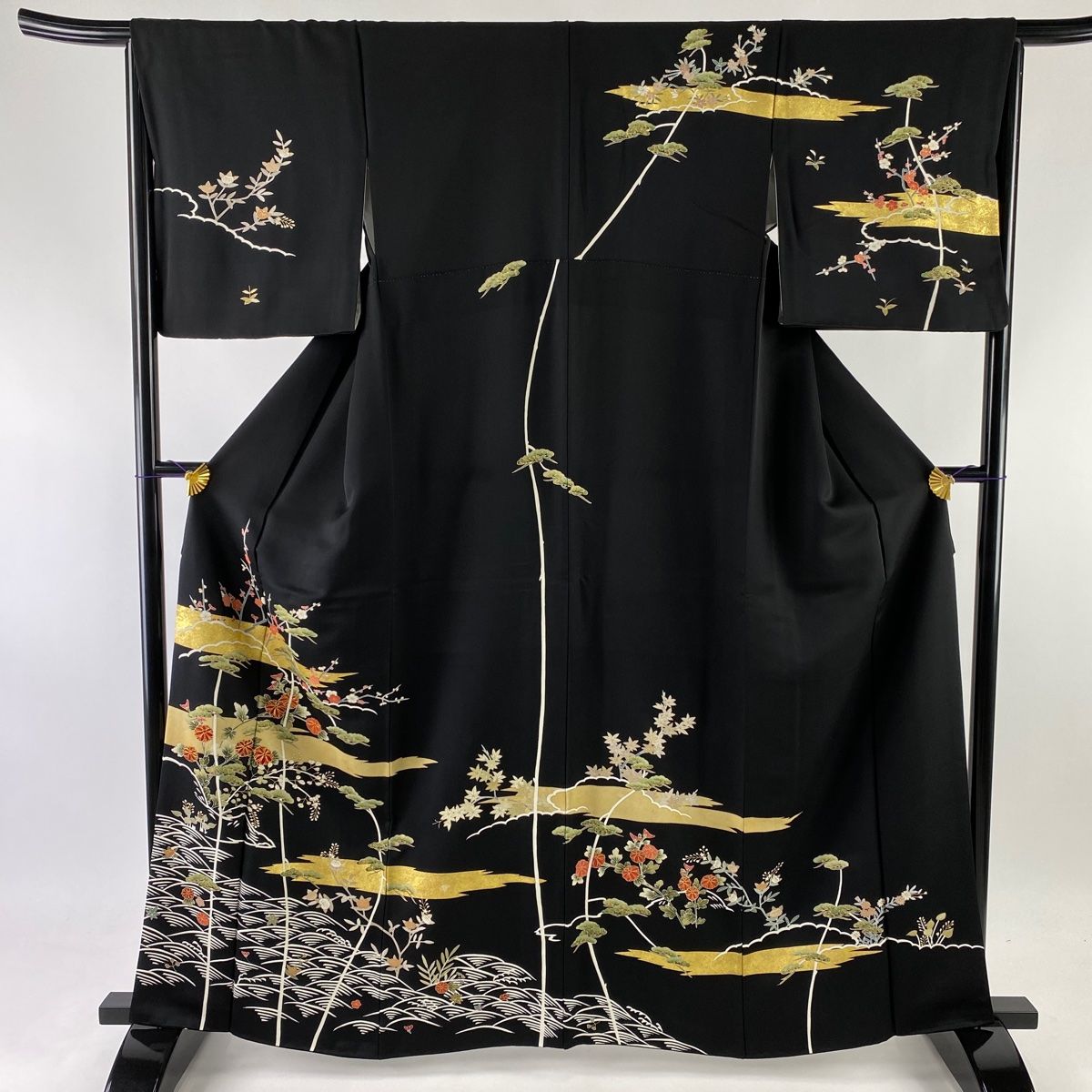 訪問着 美品 名品 菊 波 金糸 金彩 黒 袷 身丈163cm 裄丈65.5cm M 正絹