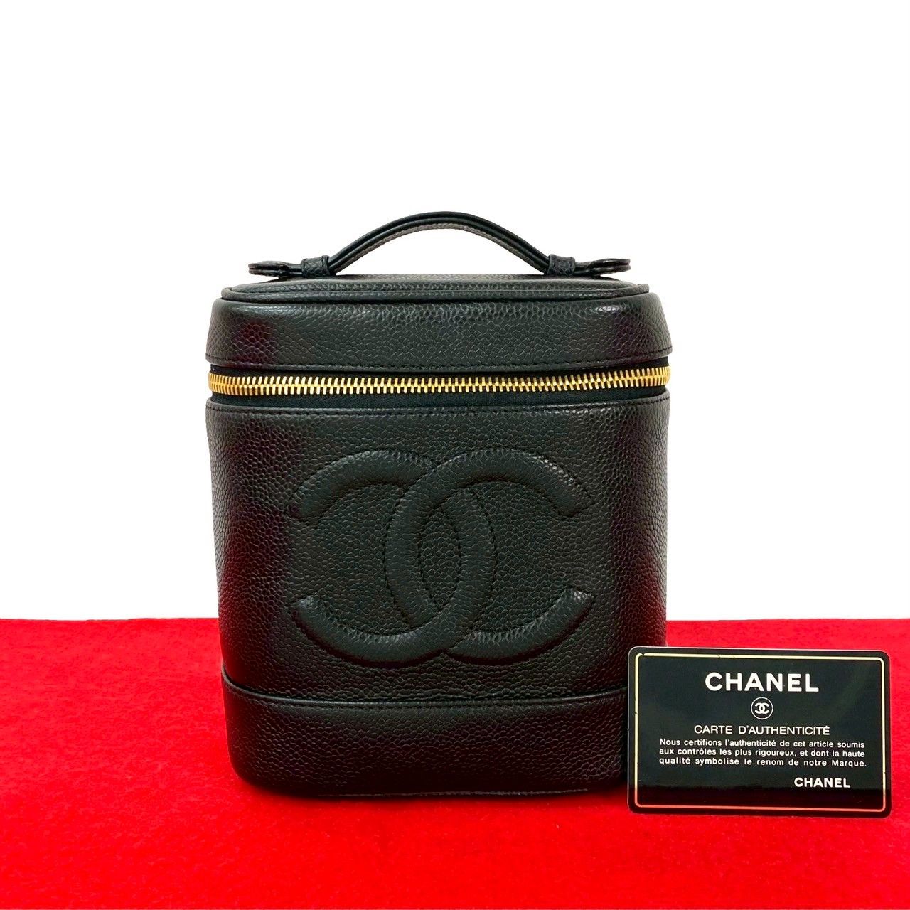 カード シール有 7番台 CHANEL シャネル ココマーク キャビアスキン レザー 本革 ハンドバッグ バニティバッグ ブラック 06526