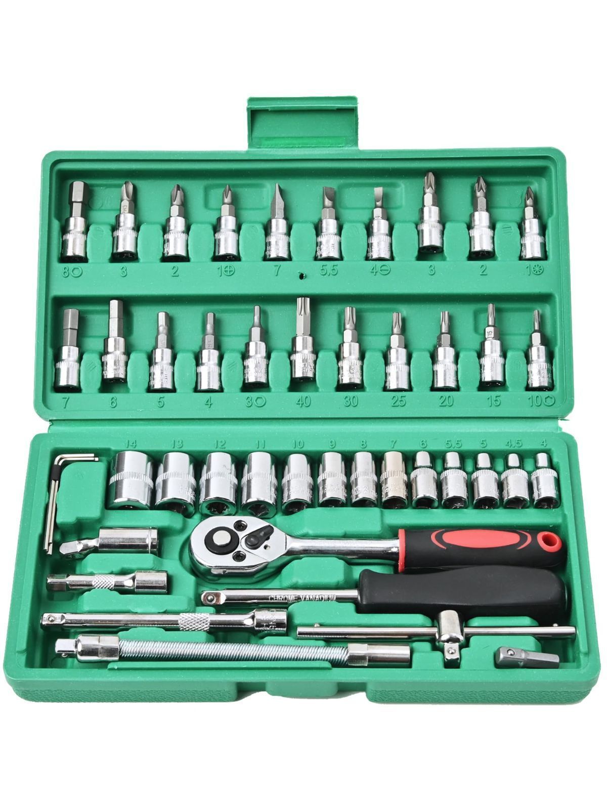 Rikopin(リコピン) ソケットレンチセット 差込角6.3mm (1/4インチ) 車 レンチ スリーブ ラチェットレンチ 46 ソケットドライバー組み合わせ ツール (グリーン) — 1/9