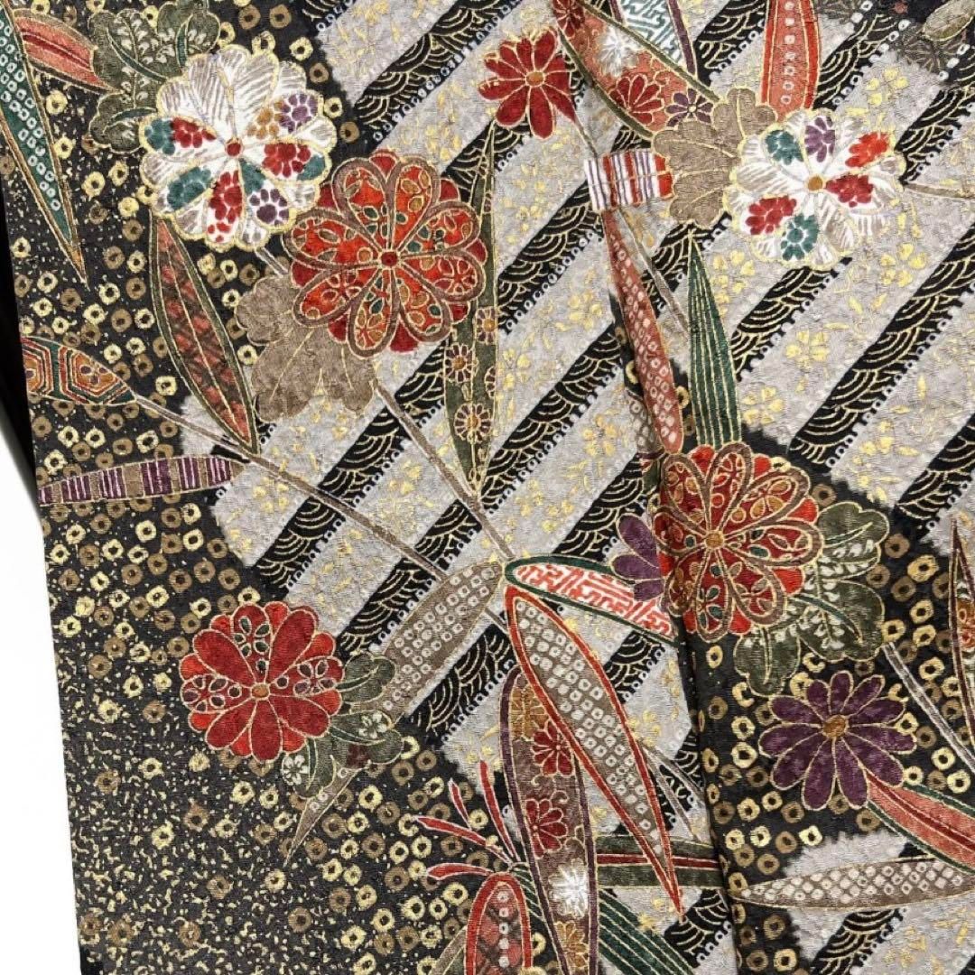 小紋 金彩 斜め縞 流水 菊花 花籠 竹 格子 着物 092a d - メルカリ