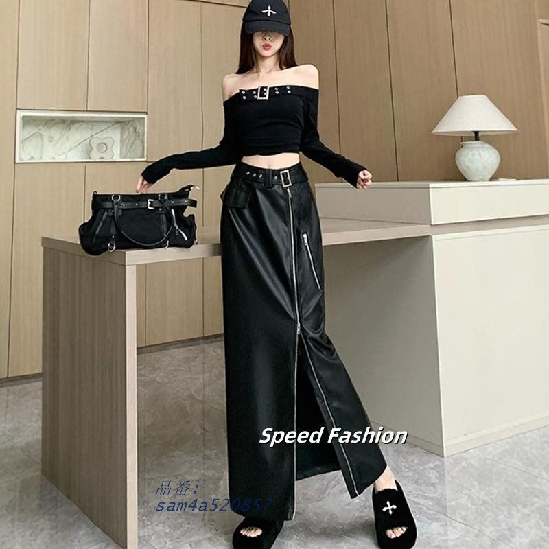 ハイウエスト スリム レザースカート レディース ロングスカート ファスナーフェイクレザースカート シンプル am4a520857 GULLKHAN_COM