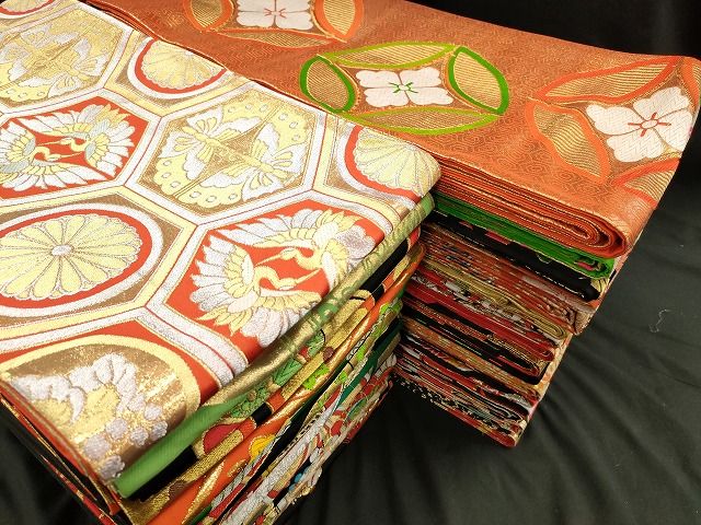 平和屋本店 1円 子供帯 まとめて 35点 向かい鶴 折り鶴 向かい蝶 花柄 七宝 アンティーク 寿字 金銀糸 など あり se2800