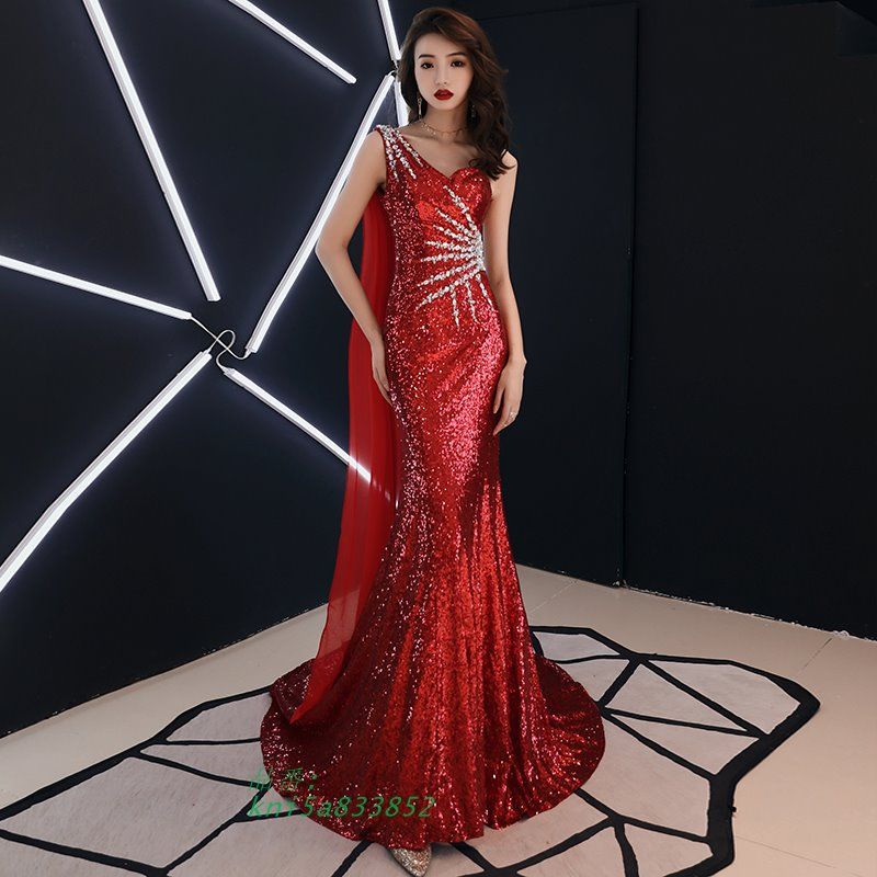 カラードレス ブルー ピンク レッド スパンマーメイドドレス ロングドレス イブニングドレス ファスナー パーティードレス フォーマル ワンショルダー kni5a833852