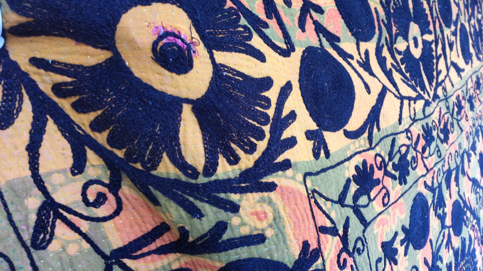 G010 ラリーキルト カンタ刺繍 グドゥリー スザニ インド更紗 ボロ オレンジ 黒 WWW_NOITHATQUANGTHANH_NET