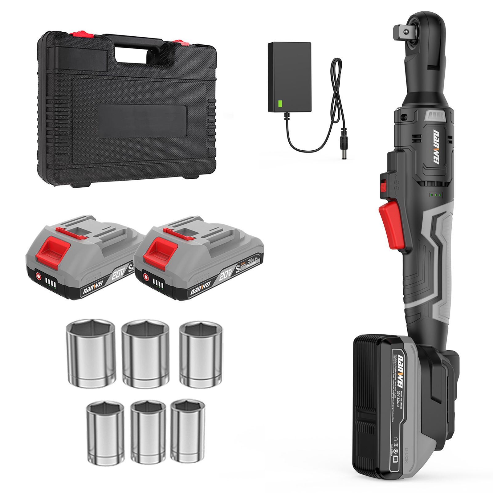 NANWEI 充電式ラチェットレンチ マキタ18Vバッテリー対応 コードレス 電動ラチェットレンチ ガレージツールセット最大トルク50Nm 現場改装 足場の組立 自動車整備 LEDライト 差込角3|8 無段変速 正逆転両用 2.0Ah電池セット 20V