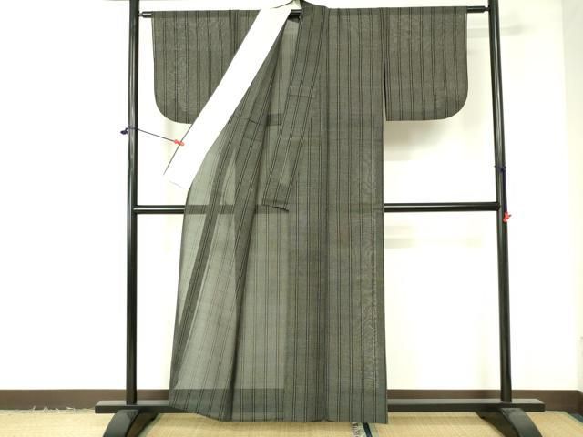 平和屋着物＊夏物 結城紬 夏結城 間道 黒地 正絹 逸品