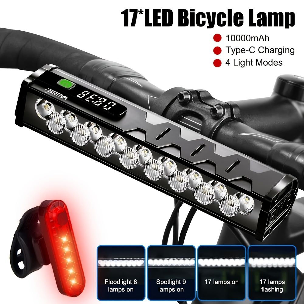 VASTFIRE 超高輝度17LEDバイクライトセット - USB充電式、5モード、簡単取り付けフロントヘッドライト＆バックテールライト、ロード＆マウンテンサイクリング、キャンプ、狩猟用 - 耐久性アル