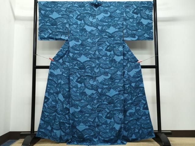 平和屋着物○上質な小紋 藍 型染め 地紙風景草花文 鬼しぼ縮緬 正絹