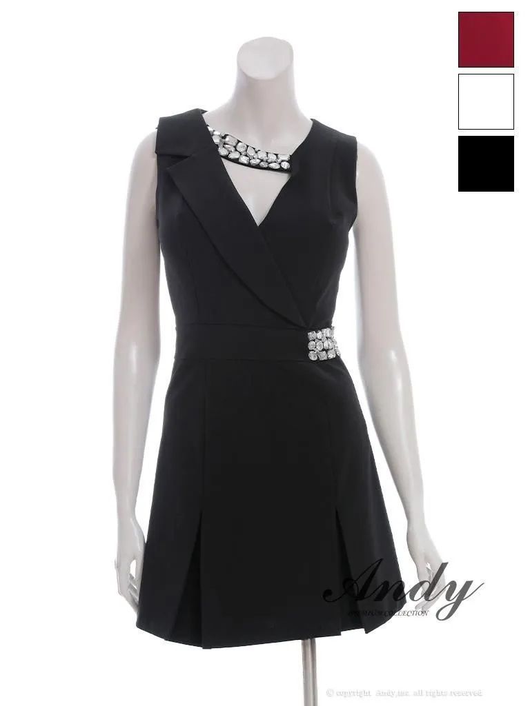 ブラック AN-OK2998 XSサイズあり ANDY アンディ 襟付き アシンメトリー バストカットアウト ビジュー ノースリーブ ボックスプリーツ Aライン フ ワンピース ミニドレス キャバドレス