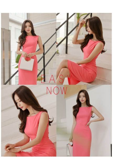 ピンクワンピース 膝丈 ひざ丈 ノースリーブ 襟なし スリム タイト