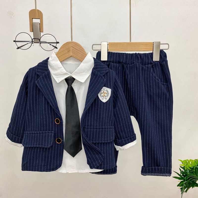 ベビースーツ フォーマル 男児スーツ スーツ 男の子 キッズ フォーマル 子供 スーツ 3点セット 紳士服 男の子 ジャケット＋シャツ+ズボン タキシード ストライプ柄 ゴムウェスト子供服 七五